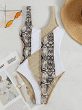 Snake Print Patchwork Exposed Seam One-Piece Swimsuit