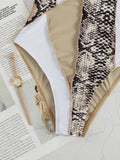 Snake Print Patchwork Exposed Seam One-Piece Swimsuit