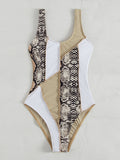 Snake Print Patchwork Exposed Seam One-Piece Swimsuit