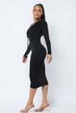 Long Sleeve Midi Dress With Low V Neck Front And Back With Ruching On Sides And Chest