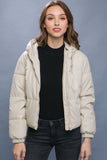 Pu Faux Leather Zipper Hooded Puffer Jacket