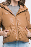 Pu Faux Leather Zipper Hooded Puffer Jacket