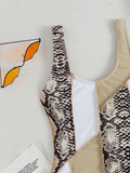 Snake Print Patchwork Exposed Seam One-Piece Swimsuit