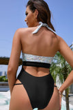 Two-Tone Halter Neck Cutout One-Piece Swimsuit