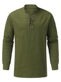 Men's Woven Retro Lace Up Casual Long Sleeve Shirt with Stand Collar