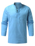 Men's Woven Retro Lace Up Casual Long Sleeve Shirt with Stand Collar