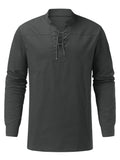 Men's Woven Retro Lace Up Casual Long Sleeve Shirt with Stand Collar