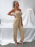 Smocked Strapless Slit Jumpsuit with Pockets