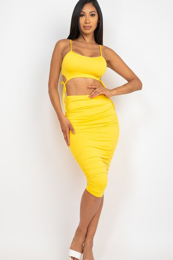 Cut-out Tie Side Crop Top & Ruched Midi Skirt Set