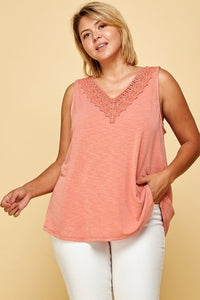 Plus Solid French Terry Slub Sleeveless Tank With Lace Neckline