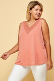 Plus Solid French Terry Slub Sleeveless Tank With Lace Neckline