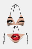 Halter Neck Flirty Face Print Bikini Set